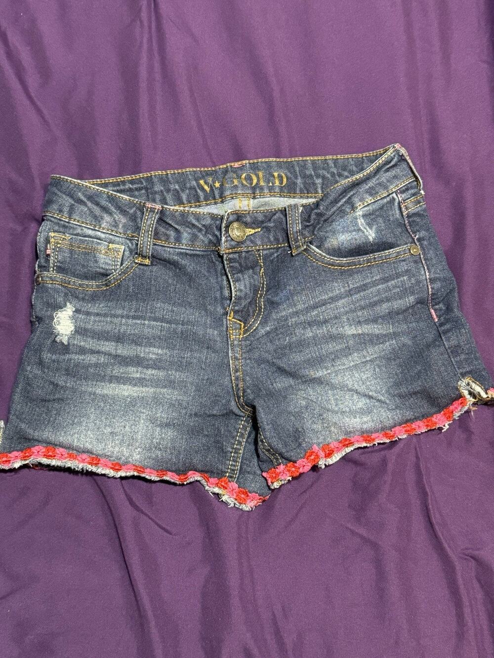 Girls Distressed Blue Jean Shorts Floral Design Hem Size 12 Youth Kids Denim EUC